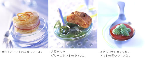 ポテトとトマトのミルフィーユ。火星パンとグリーントマトのジャム。スピルリナのニョッキ。トマトの赤いソースと。