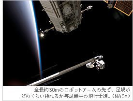 全長約30mのロボットアームの先で、足場がどのくらい揺れるか等試験中の飛行士達。（NASA）