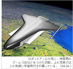 ロボットアームの先に、検査用のブーム（OBSS）を 
つけた状態。上の写真ではこの先端に宇宙飛行士が乗っている。（NASA）