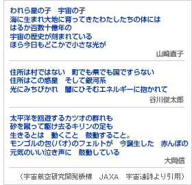 われら星の子　宇宙の子　海に生まれ大地に育ってきたわたしたちの体にははるか百数十億年の　宇宙の歴史が刻まれている　ほら今日もどこかで小さな光が　山崎直子　住所は村ではない　町でも県でも国ですらない　住所はこの惑星そして銀河系　光にみちびかれ　闇にひそむエネルギーに抱かれて　谷川俊太郎　太平洋を回遊するカツオの群れも　砂を蹴って駆け去るキリンの足も　生きるとは　動くこと　鼓動すること。　モンゴルの包（パオ）のフェルトが　今誕生した　赤んぼの　元気のいい泣き声に　鼓動している 大岡信　（宇宙航空研究開発機構　JAXA　宇宙連詩より引用）