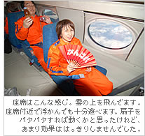 座席はこんな感じ。雲の上を飛んでます。座席付近で浮かんでも十分遊べます。扇子をパタパタすれば動くかと思ったけれど、あまり効果ははっきりしませんでした。