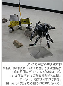 JAXAの宇宙科学研究本部（神奈川県相模原市）の「月面」で研究開発が進む月面ロボット。左が5輪ローバ。右は崖などをよじ登る球形で6本脚のロボット。通常は４本脚で歩き、倒れそうになったら他の脚に切り替える。
