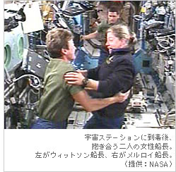 宇宙ステーションに到着後、抱き合う二人の女性船長。左がウィットソン船長、右がメルロイ船長（提供：NASA）