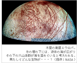 木星の衛星エウロパ。氷の層の下には、液体の海が広がり
その下の火山活動が海を温めていると考えられる。果たして
どんな生物が・・・？（提供：NASA）
