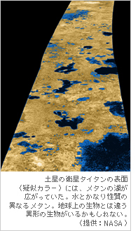 土星の衛星タイタンの表面（疑似カラー）には、メタンの湖が広がっていた。
水とかなり性質の異なるメタン。地球上の生物とは違う異形の生物がいるかもしれない。（提供：NASA）