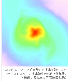 コンピューター上で実験した宇宙で
誕生したファーストスター。宇宙誕生から約３億年後。（提供：名古屋大学　吉田直紀氏）
