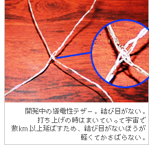 開発中の導電性テザー。結び目がない。打ち上げの時はまいていって宇宙で数km以上延ばすため、結び目がないほうが軽くてかさばらない。
