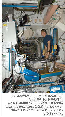 NASAの新型のトレーニング機器AREDを使って運動中の若田飛行士。AREDは30種類の筋トレができる最新機器。これまでの機械の3倍の負荷がかけられるため「本当に運動している実感がある」ようだ。（提供：NASA）