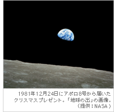 1981年12月24日にアポロ8号から届いた 
クリスマスプレゼント。「地球の出」の画像。（提供：NASA）