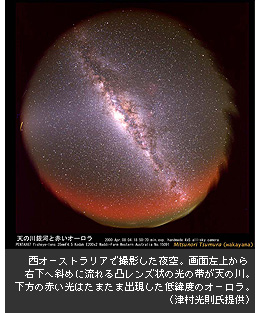 西オーストラリアで撮影した夜空。画面左上から右下へ斜めに流れる凸レンズ状の光の帯が天の川。下方の赤い光はたまたま出現した低緯度のオーロラ。（津村光則氏提供）。