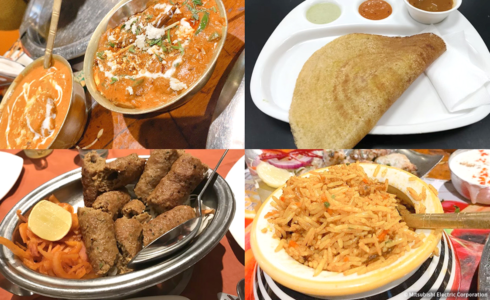 左上:Butter Chicken(左)、Kadai Paneer(右) 右上:Dosa 左下:Seekh Kebab、右下:Biryani