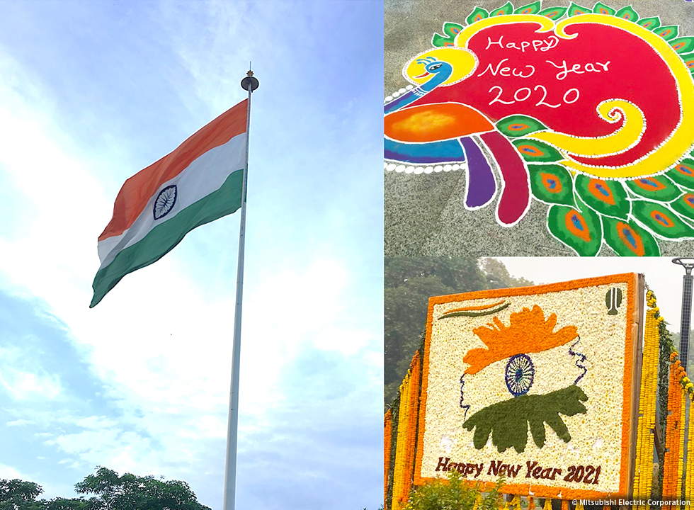  左:大きなインド国旗、右上:粉によるペイントアート、右下:フラワーアート お祭り好きな国民性なので、季節ごとの色んな飾り物を楽しめます。