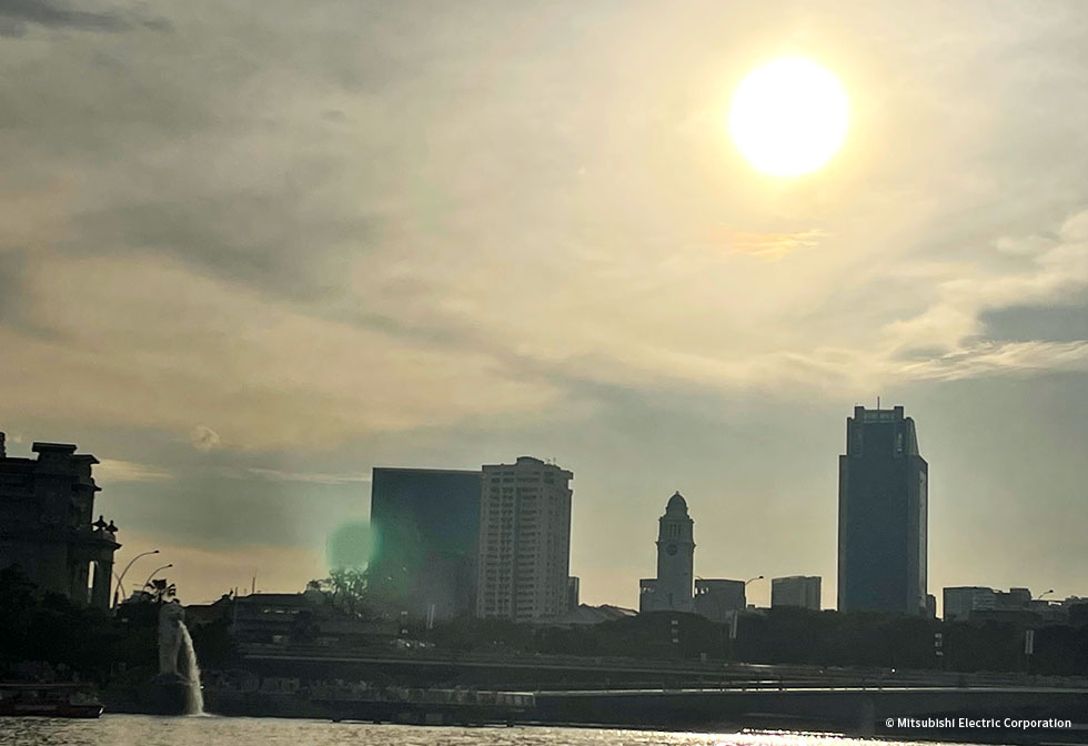 夕日とマーライオン