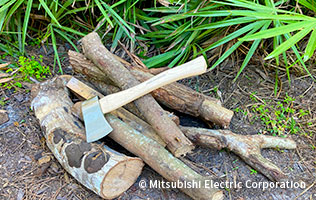 焚き火用の薪割り。