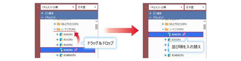 ドキュメント分類ツリーは同じ階層内のアイテムをドラッグ＆ドロップすることにより並び順を入れ替えできる