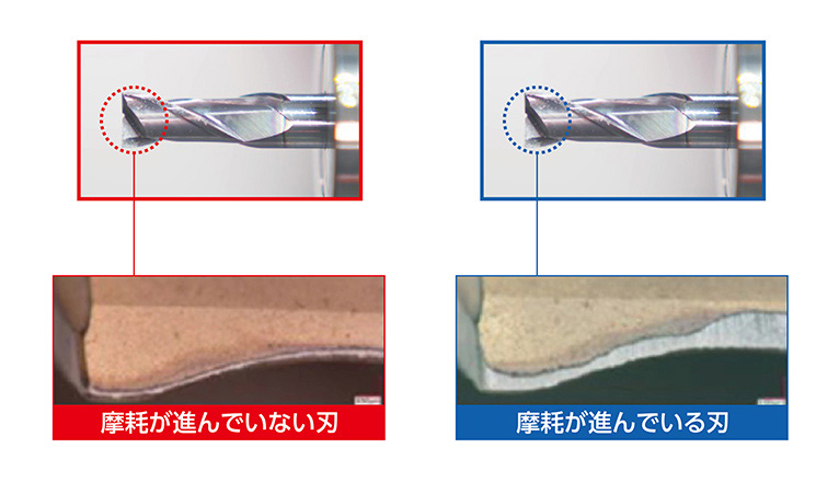 工作機械工具の摩耗状態　拡大すると右側の摩耗が進んでいる刃は刃先が粗くなっていることがわかる