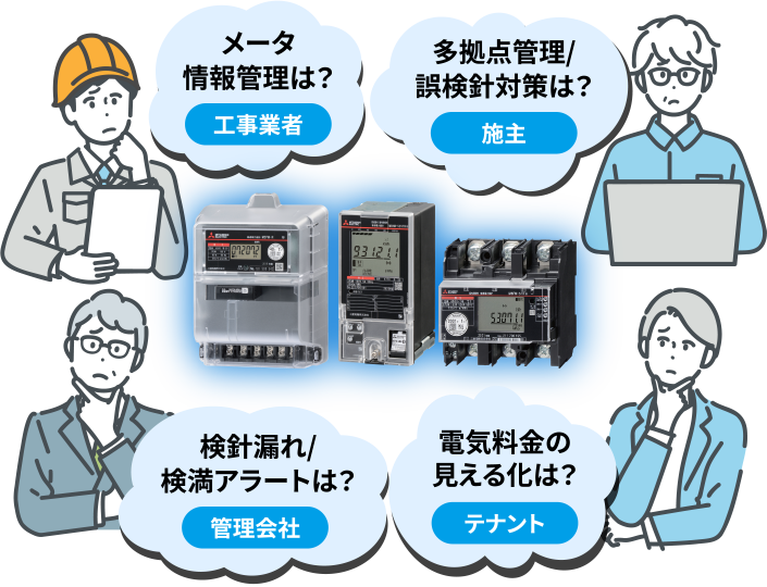 メータ情報管理は?工事業者 多拠点管理/誤検針対策は?施主 検針漏れ/検満アラートは?管理会社 電気料金の見える化は?テナント
