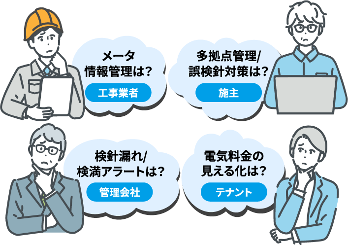 メータ情報管理は?工事業者 多拠点管理/誤検針対策は?施主 検針漏れ/検満アラートは?管理会社 電気料金の見える化は?テナント