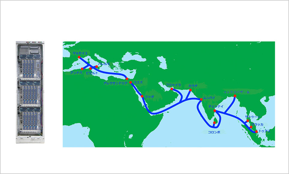 海底ケーブル用陸上端局装置（左）と海底ケーブル図（右）