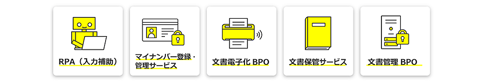 RPA、マイナンバー登録管理サービス、文書電子化BPO、文書保管サービス、文書管理BPOなど