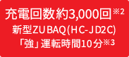 充電回数約3,000回※2新型ZUBAQ(HC-JD2C)「強」運転時間10分※3