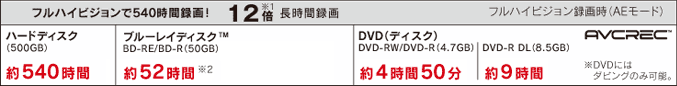 フルハイビジョンで540時間録画！ 12倍※1 長時間録画　フルハイビジョン録画時（AEモード）　※DVDにはダビングのみ可能。