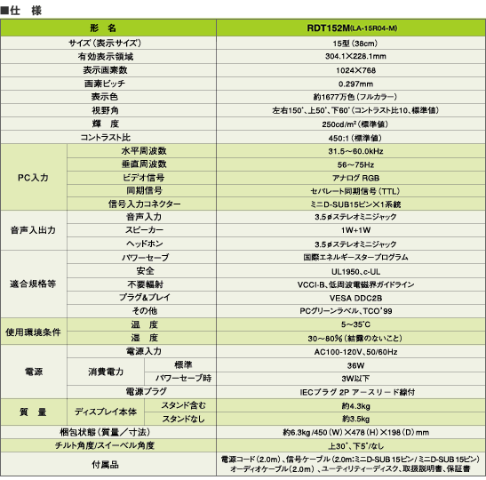 仕様（ディスプレイ本体）