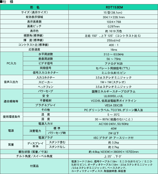 仕様（ディスプレイ本体）