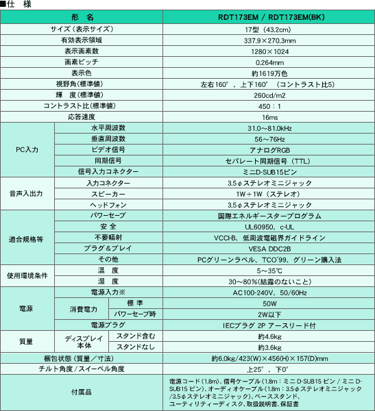 仕様（ディスプレイ本体）