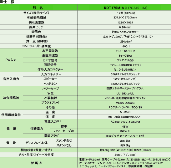 仕様（ディスプレイ本体）