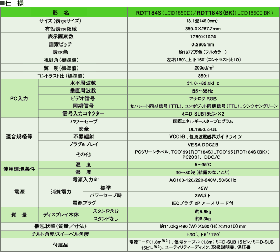 仕様（ディスプレイ本体）