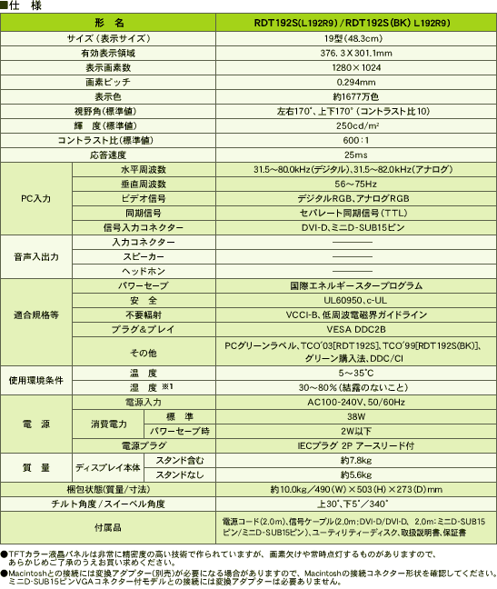 仕様（ディスプレイ本体）