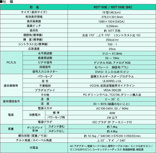 仕様（ディスプレイ本体）