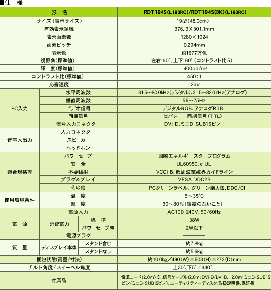 仕様（ディスプレイ本体）