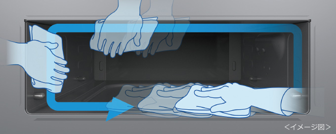 平面ヒーター内蔵で天井面もフラットになり庫内が丸ごと拭ける。