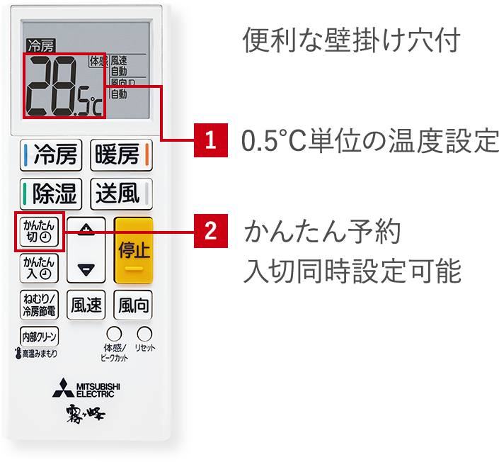 便利な壁掛け穴付 1.0.5℃単位の温度設定、2.かんたん予約 入切同時設定可能