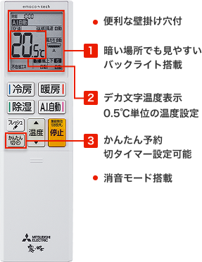 便利な壁掛け穴付。1.暗い場所でも見やすいバックライト搭載、2.デカ文字温度表示 0.5℃単位の温度設定、3.かんたん予約切タイマー設定可能。・消音モード搭載