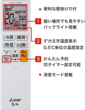 便利な壁掛け穴付。1.暗い場所でも見やすいバックライト搭載、2.デカ文字温度表示 0.5℃単位の温度設定、3.かんたん予約切タイマー設定可能。・消音モード搭載