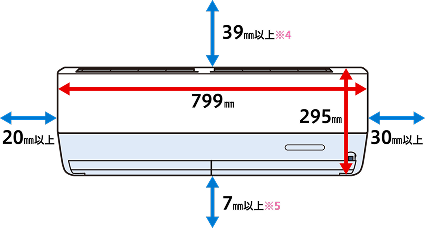 室内機正面の寸法図。本体幅799mm、高さ295mm。上方39mm以上、左20mm以上、右30mm以上、下方7mm以上のスペースが必要。