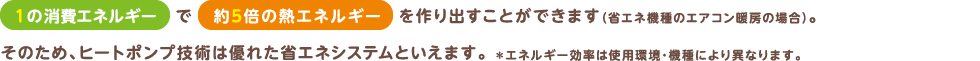 1のエネルギーで約5倍のエネルギーを室内に送り出します(省エネ機種のエアコン暖房の場合)。そのため、ヒートポンプは優れた省エネシステムといえます。 *エネルギー効率は使用環境・機種により異なります。
