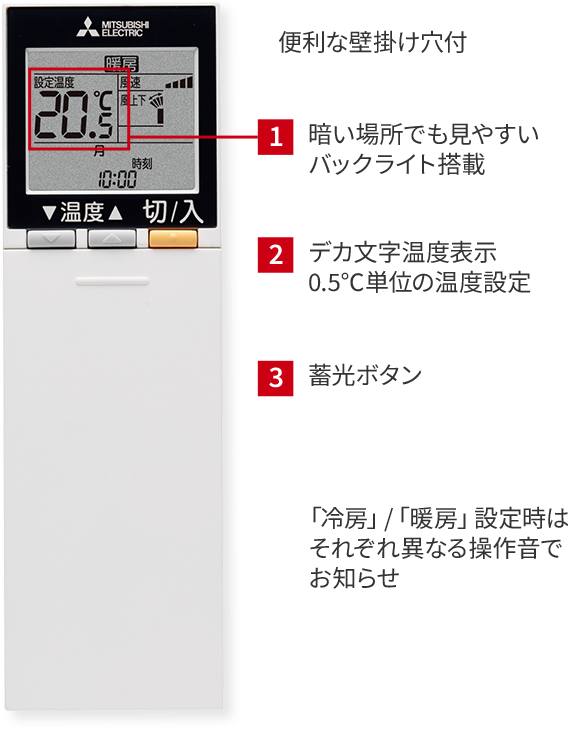 便利な壁掛け穴付 1.0.5℃単位の温度設定、2.薄型、3.スライド式カバー 「冷房」/「暖房」設定時はそれぞれ異なる操作音でお知らせ