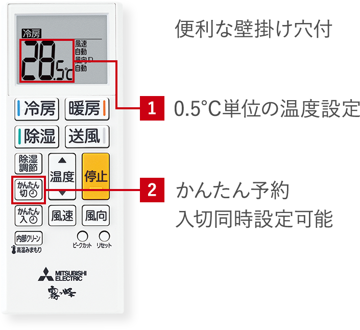 便利な壁掛け穴付 1.0.5℃単位の温度設定、2.かんたん予約 入切同時設定可能