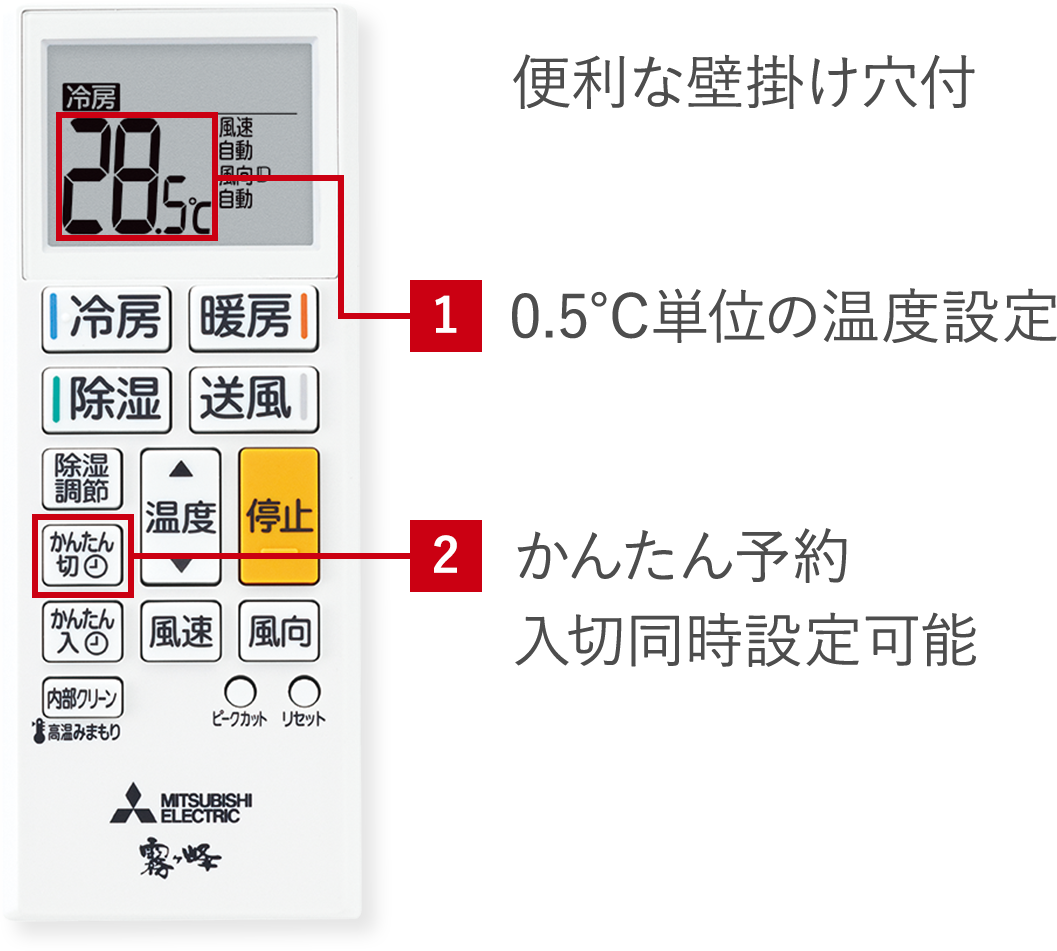 便利な壁掛け穴付 1.0.5℃単位の温度設定、2.かんたん予約 入切同時設定可能