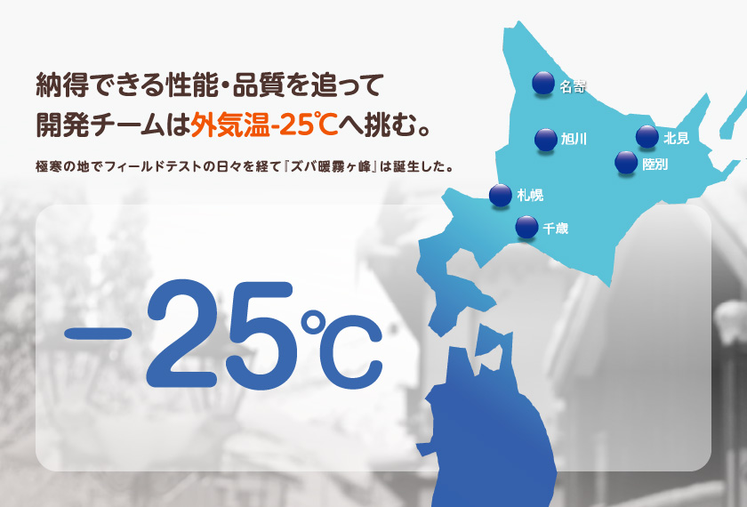 納得できる性能・品質を追って開発チームは外気温-25℃へ挑む。極寒の地でフィールドテストの日々を経て『ズバ暖霧ヶ峰』は誕生した。