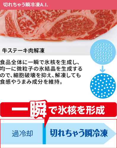 食品全体に一瞬で氷核を生成し、均一に微粒子の氷結晶を生成するので、細胞破壊を抑え、解凍しても食感やうまみ成分を維持。