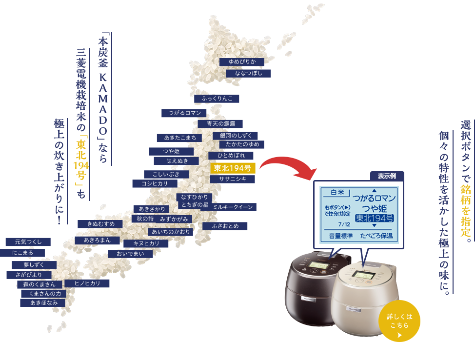 「本炭釜 KAMADO」なら三菱電機栽培米の「東北194号 」も極上の炊き上がりに！ 選択ボタンで銘柄を指定。個々の特性を活かした極上の味に。