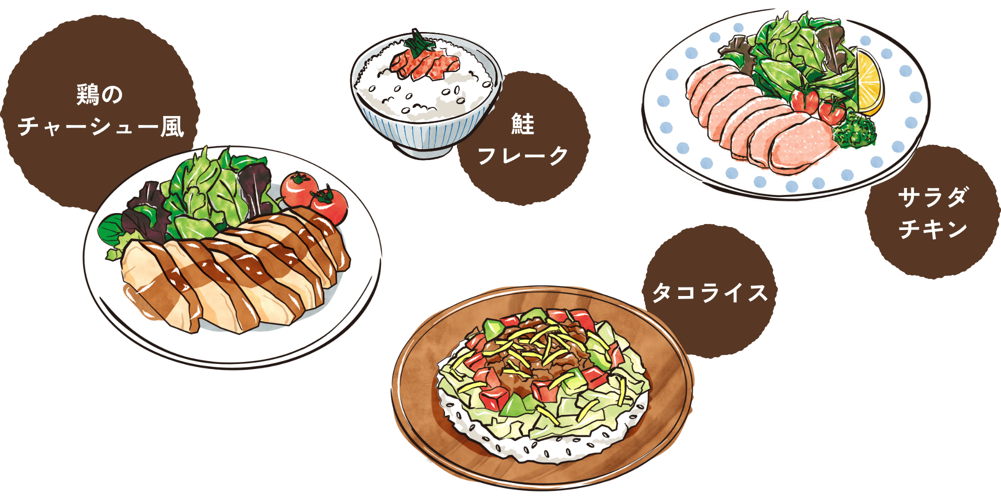 鶏のチャーシュー風 鮭フレーク サラダチキン タコライス