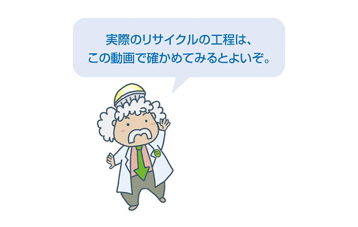 実際のリサイクルの工程はこの動画で確かめてみるとよいぞ。