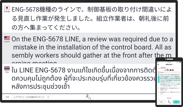 朝礼などの集会でサイネージに多言語表示する画面