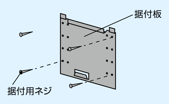 据付板を付属の据付用ネジ4本(上部×2本、その他のか所×2本)で固定します。